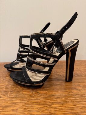 Dior Black Strappy High Heel Sandals with Silver Chain Trim